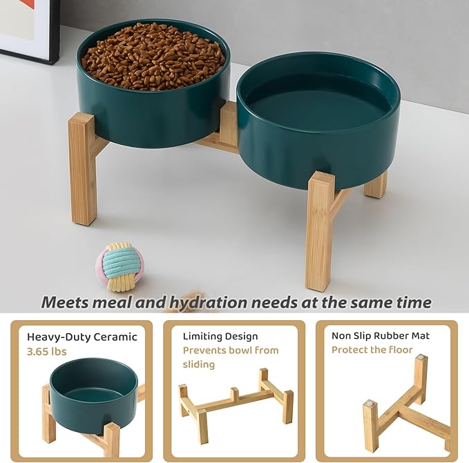 Raised Ceramic Dog Bowl Set - Elevated Dog Bowls with Non Slip Bamboo Stand, Food and Water Bowl Set for Small and Medium Breed Dogs, Pet Bowls, Weighted Dogs Dishes (6'', 2 * 30OZ, Green)