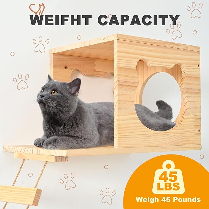 PETKABOO Cat Wall Shelves and Perches, Pine Wooden Cat Wall Furniture Climbing Shelves with Climber, Condo, Scratching Post, Ladder & Platform