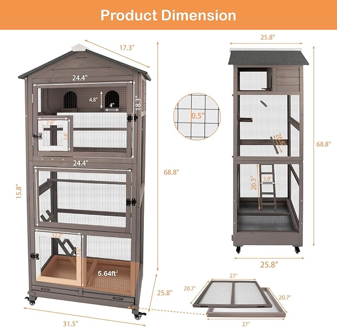 Gowoodhut 68.8"L Outdoor Bird Aviary Indoor Wooden Large Bird Cage Parakeet Cage on Wheels,Removable Wire Netting Slide Pull Out Tray, 2 Perches, Nest House,Ideal for Small Birds,Finches,Parrots,Grey