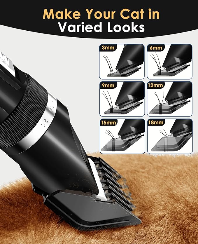 oneisall Quiet Cat Clippers for Matted & Long Hair, 2-Speed Cordless Pet Shaver Grooming Kit for Cats, Small Dogs & Animals (Black)
