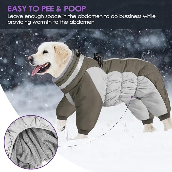 Full Body Dog Coat - Warm Fleece Jacket for Large Dogs, Turtleneck Winter Coats with Harness, Reflective Dog Snowsuit Windproof Puffer Jackets with Legs for Weimaraner, Army Green XL