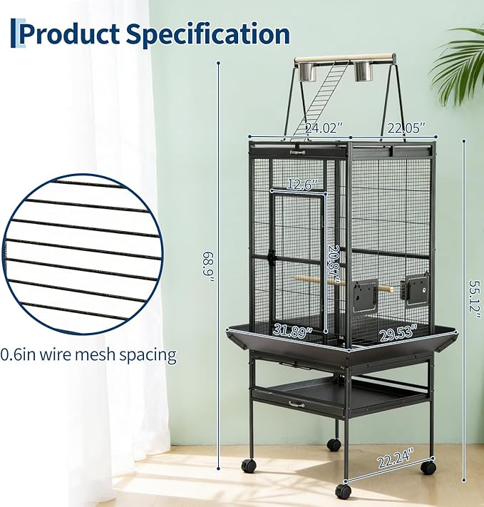 Garvee 68" h Large Bird Cage, Rolling Play Top Parakeet Cage, Big Bird Cages for Parrots, Parakeets, Cockatiels, Conures, Budgie, Lovebird