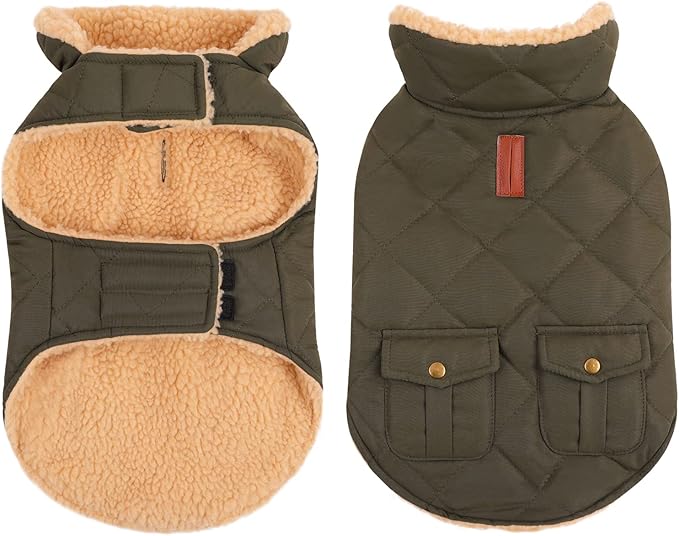 Queenmore Warm Dog Coat, Cold Weather Puffer Dog Jacket with Ultra Thick Plush Lining, Storage Pockets (Green, Small)