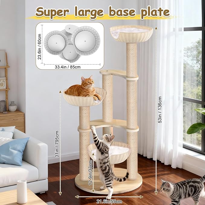 Tinnmao 53'' Solid Wood Cat Tree for Large Cats, Natural Sisal Scratching Post, Hand Woven Rattan Basket, High-end Luxury Design with Washable Plush Pad, Easy to Clean