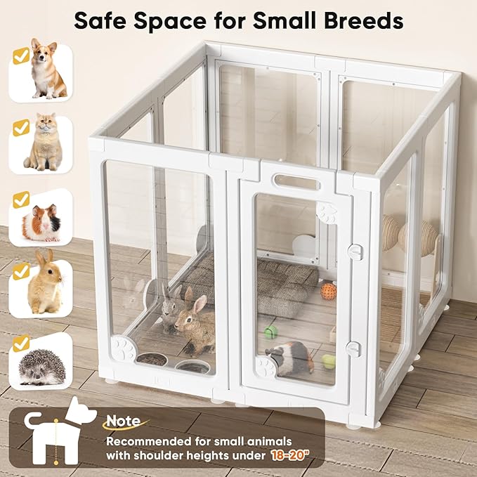 Clear Acrylic Dog Play Pen Indoors 30", 8 Panels Transparent Puppy Playpen with Door for Small Dogs Puppies, Modular Plastic Pet Playpen Cage Fence Crate for Cat Kitten Rabbit, White