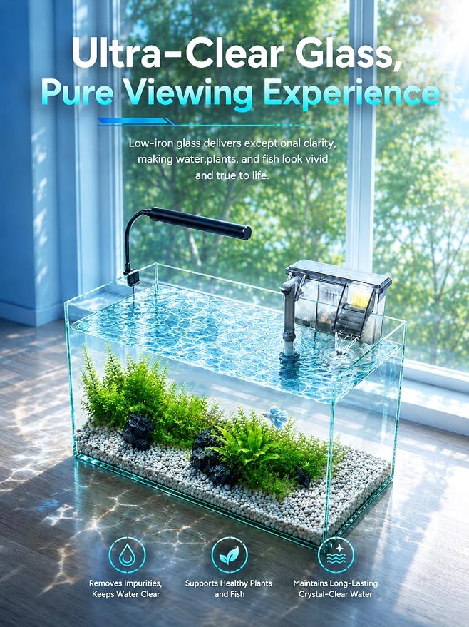 10-Gallon Ultra-Clear Glass Fish Tank Starter Kit, LED Light, Reusable 3-Stage Filter, Lid, Easy Maintenance Rimless Aquarium for Betta and Small Fish