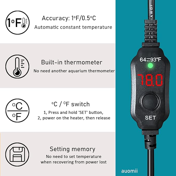 Mini Submersible Aquarium Heater, 25/50/100/150/200/300 Watts Adjustable Fish Tank Heater, Built-in Thermometer, External Temperature Controller, Smart Memory, Used for 1-60 Gallons (20W Plug)