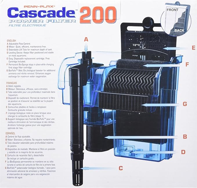 Penn-Plax Cascade 200 Power Filter – Hang-On Filter with Quad Filtration – Great for Freshwater and Saltwater Setups