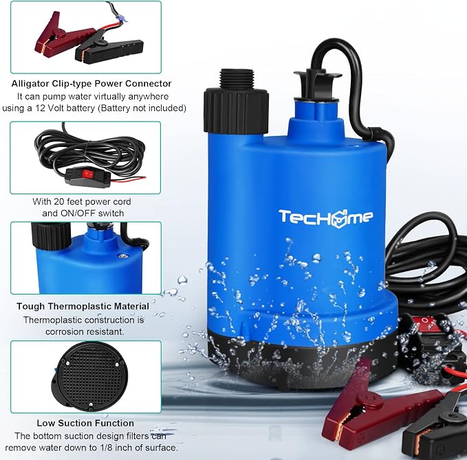 TecHome 12v Sump Pump Submersible Water Pump Water Transfer Pump. | 1500GPH, with 20 Feet Power Cord.