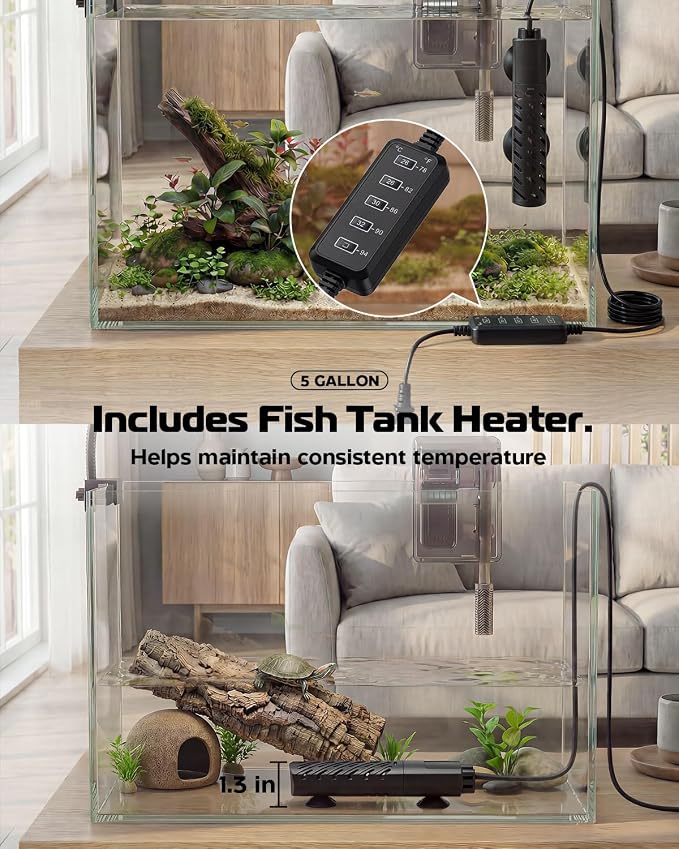 Glass Fish Tank Kit, 5 Gallon Betta Fish Tank Aquarium Starter Kit | Complete Aquarium Kit with Filter, Adjustable LED Light, Heater, Lid, Net, Water Changer for Betta, Goldfish or Shrimp, Clear