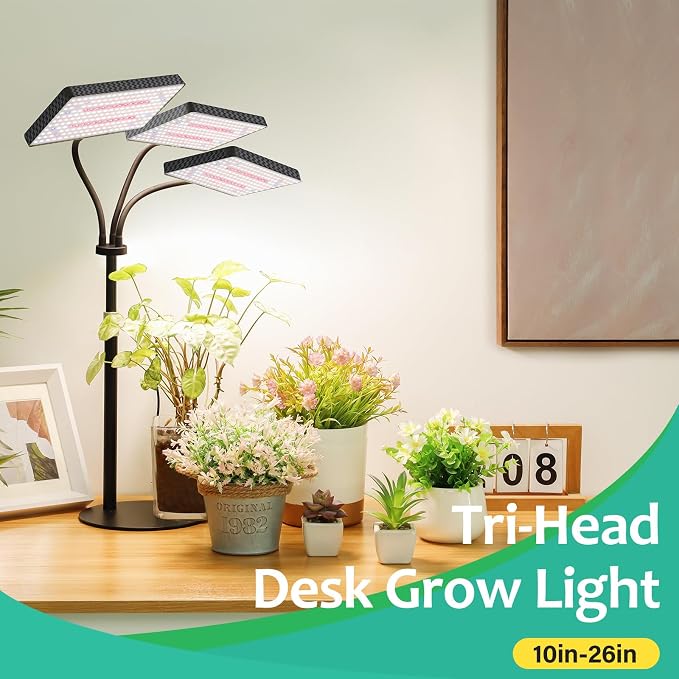 LBW Desk Grow Lights for Indoor Plants, 642 LEDs Full Spectrum Grow Light | 3-Head Tabletop Plant Light, 3/6/12H Auto Timer, 6 Brightness Levels, 3 Lighting Modes, 10-26" Height Adjustable