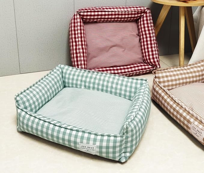 Orthopedic Rectangle Dog Bed for Medium Small Dogs, Plaid Plush Modern Puppy Sofa Bed with Anti-Slip Bottom, Cute Calming Pet Bed(Green,X-Large)