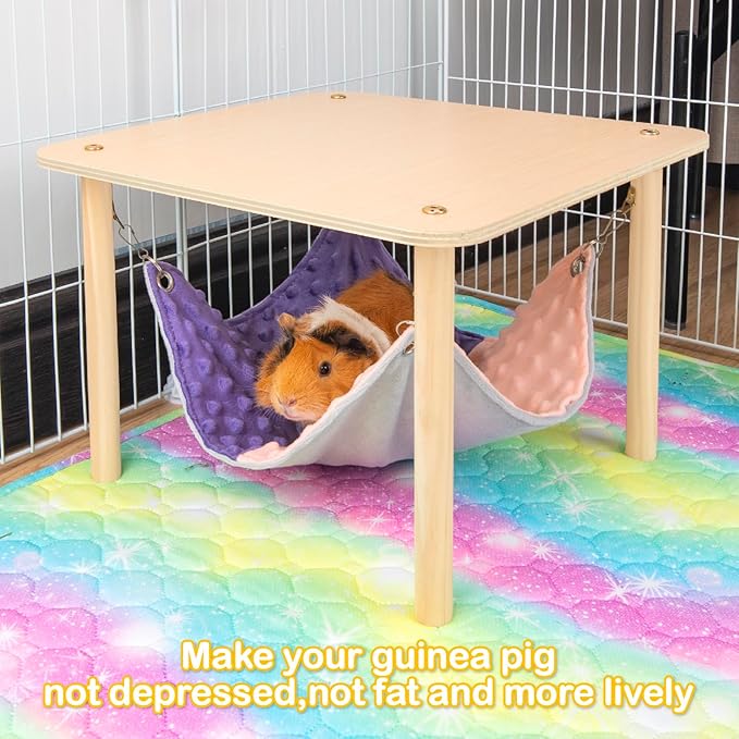 BESNEW Enlarged Guinea Pig Hammock with Wooden Stand,Small Animal Hanging Bed Large Platform for Guinea Pigs Bunny Ferret Hamster Hiding Sleeping 13L x 13W x 11H in