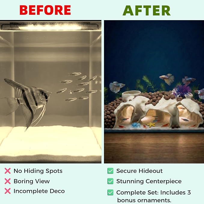 Large Aquarium Tunnel & Cave (9.5" L), 3D Printed Substrate Viewer Fish Hideout with Wide Top Entrances, Tank Decor for Small Fish, Corydoras, Betta & Shrimp - Set with 3 Mini Accessories (White)