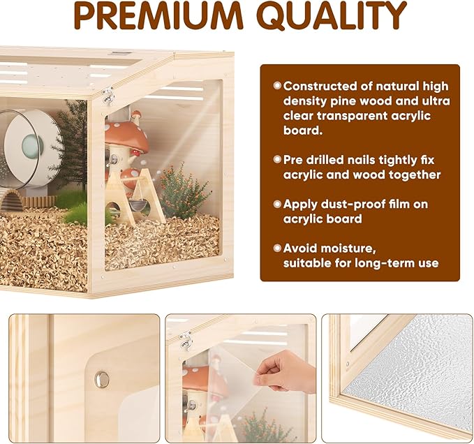 Wooden Hamster Cage, 40inch Large Hamster Cage Enclosure with Openable Top & Thickened Acrylic for Small Animals, Guinea Pig, Rabbit, Rat, 40"L x 20''W x 20''H Hamster Habitat with Multi-vent
