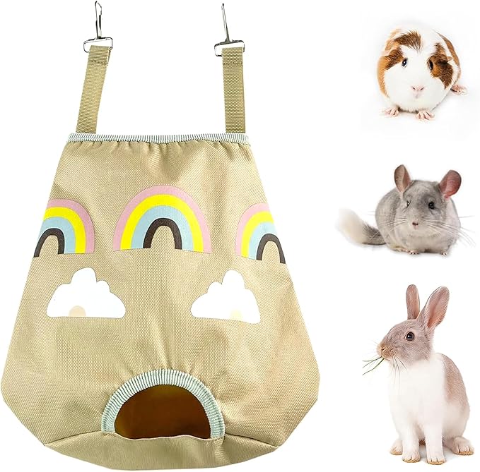 Rabbit Hay Feeder Bag for Guinea Pigs and Chinchillas | Cute Rainbow Design, Washable Oxford Cloth, Single Hole Timothy Hay Holder