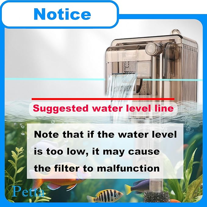 Slim Aquarium Filter with Surface Skimmer,Quiet Hang on Back Fish tank Filter (A-1) for 1-10 Gal Aquariums, 53GPH(200L/H), 3W, 1 Pre-filter Sponge, 1 Filter Pad