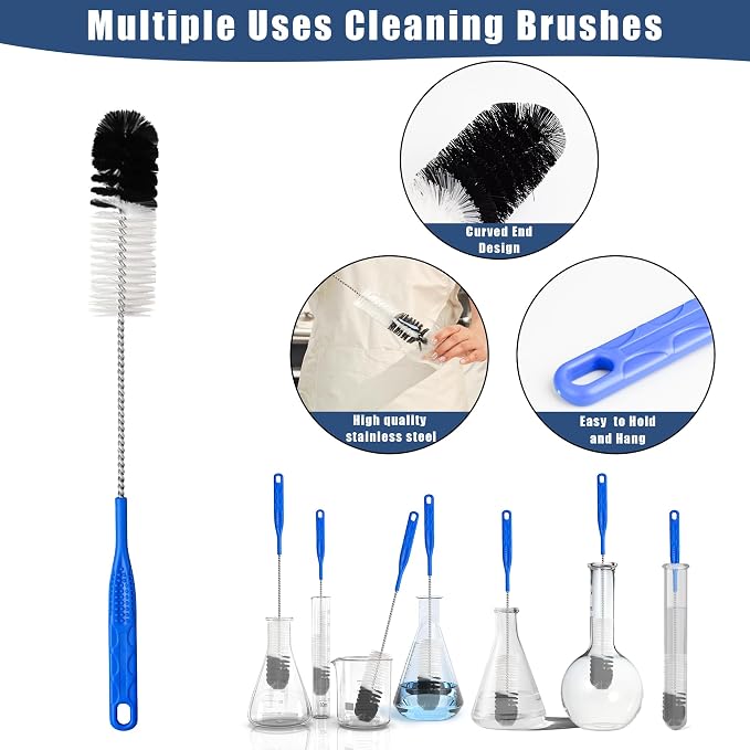 12Pcs Glass Tube Pipe Cleaners Brush Kit,Long Nylon Straw Brush | for Glass Funnel and Bottle,17-inch Long Handle,8.2-in Different Diameters Brushes,35-in Flexible Double-Ended Hose Tool