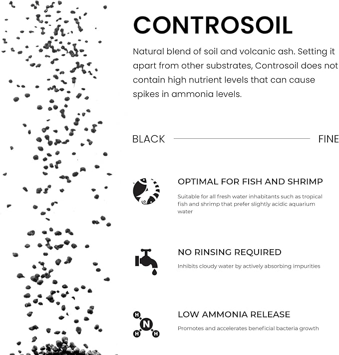 Ultum Nature Systems Controsoil - Freshwater Aqua Soil Substrate for Fish, Shrimp, Live Plant Propagation and Aquascaping - 6.8pH Low Ammonia, Volcanic Ash - Black, Fine (10 Liter)