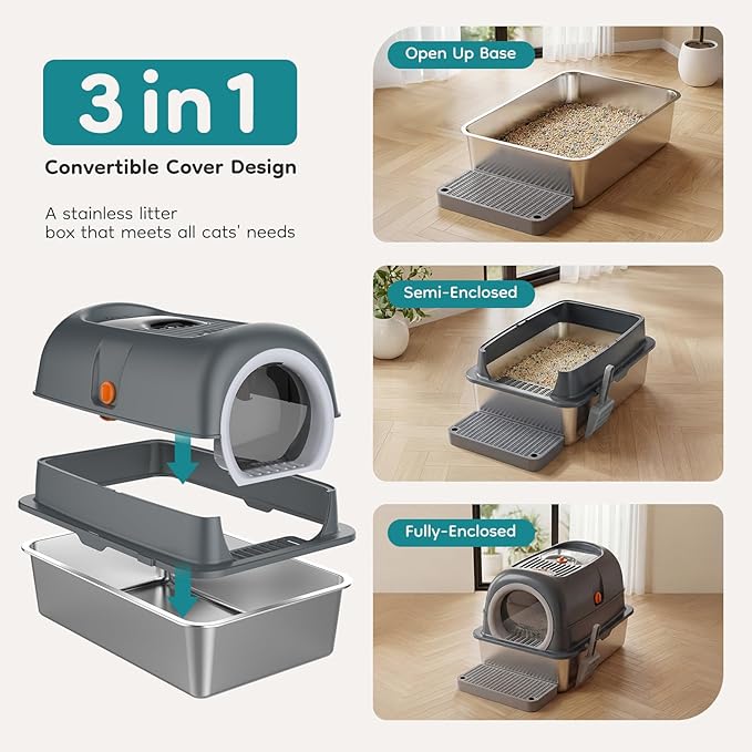 OLIXIS Stainless Steel Litter Box with Lid, Extra Large Enclosed Cat Litter Pan for Big Cats, High Sided Cat Box with Scoop & Mat, Front & Top Entry, Grey