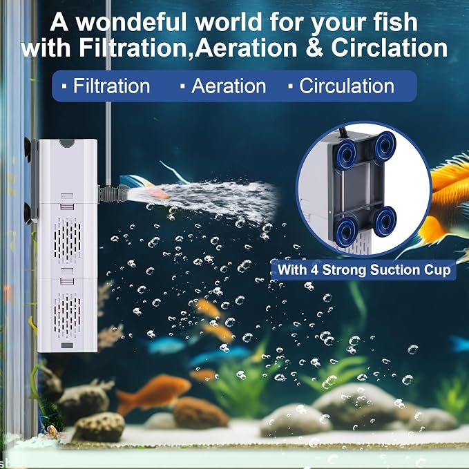 265 GPH 4-In-1 Aquarium Filter, 20-80 Gallon Fish Tank Filters (15 W) | Fish Filter, Filtration And Oxygenation, Filter for Fish Tank with Biochemical Cotton, Ceramic Beads, Turtle Tank Filter