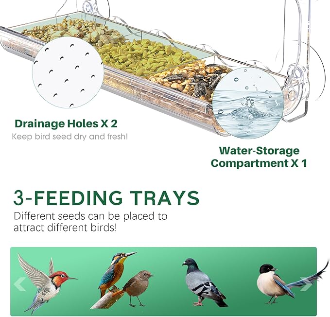 SUNALLY Window Bird Feeder for Outdoors, Clear Bird Feeders Window Mounted with Strong Suction Cups, Transparent Birds House Outside Wild Watching for Garden, Yard, Elderly Kids Viewing