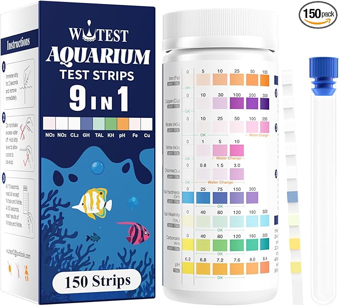 9-Way Aquarium Test Strips - 150 Aquarium Water Test Kit Fish Tank Test Kit Quick & Accurate Testing Iron Copper Nitrate Nitrite Chlorine Total Hardness Total Alkalinity Carbonate pH