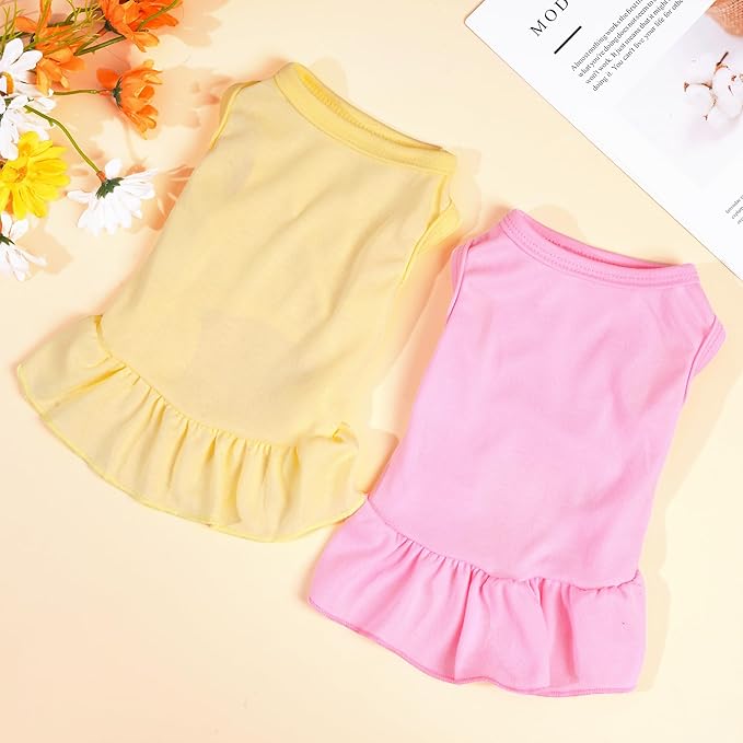 2 Pcs Dog Dress Cute Cat Skirt Solid Color Summer Clothes for Small Pet Dogs Cat (Yellow,Pink, X-Small)