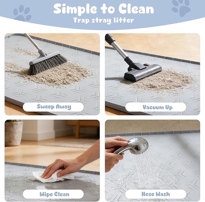 JUJOMAT Cat Litter Box Mat, 40"*28" Large Silicone Cat Litter Trapping Mat Non-Slip Gray Kitty Litter Mat for Indoor Cats, Waterproof Pet Food Mats Easy to Clean & Soft on Kitty Paws
