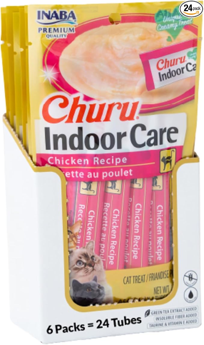 INABA Churu Indoor Care for Hairball Control, Functional Lickable Cat Treat with Taurine & Green Tea Extract, 0.5oz Each, 24 Tubes Total, Chicken Recipe