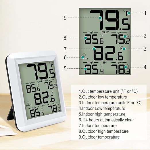 Urageuxy Digital Indoor Outdoor Thermometer Wired, Indoor Outdoor Temperature Monitor with Min/Max Record and Probe Sensor for Home, Office, Greenhouse, Aquarium, Refrigerator, Freezer (White)