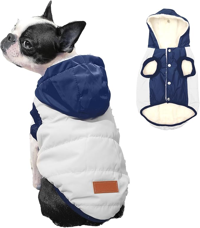 Vecomfy Fleece Lining Extra Warm Dog Hoodie in Winter for Medium Dogs Jacket Pet Coats with Hooded,Beige and Blue L
