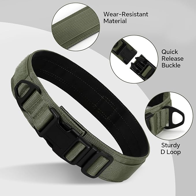 Tactical Durable Dog Collar, Metal D-Ring, Adjustable Heavy Duty Dog Collar with Heavy Quick-Release Buckle for Medium Large Dogs (Green, L)