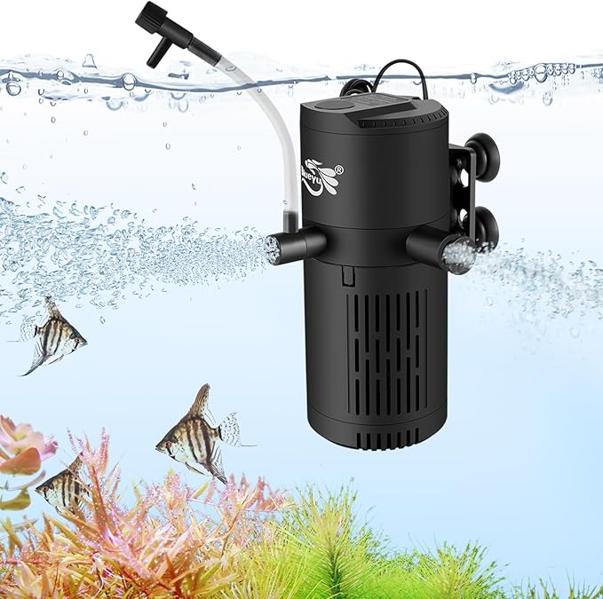 Aquarium Filter, Fish Tank Filter 4-in-1 for 10-30 Gallon Tanks, Submersible Internal Filter with Wave-Maker, Oxygenation & Adjustable Air Flow for Freshwater/Saltwater/Turtle Tanks (8W)