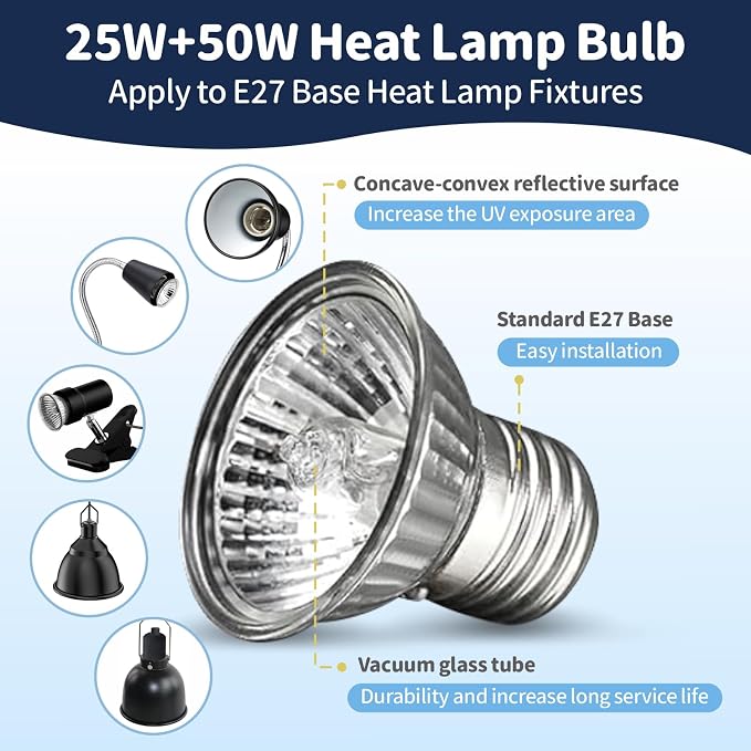 GOZILLA 4 Pack Reptile Heat Lamp, E27 UVA UVB Reptile Light Bulb, Heat Light Bulb for Tortoise, Bearded Dragon, Snakes.(2PCS 25W + 2PCS 50W)