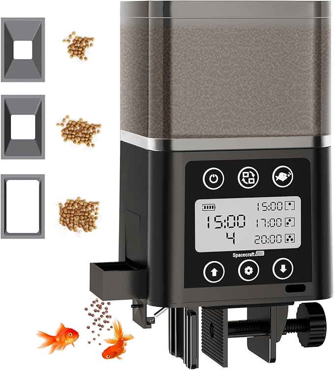 Automatic Fish Feeder for Aquarium, ZWJBSGY Three Precision Feed Funnels and A Fully Sealed, Moisture-Proof Design 320ml Large-Capacity Vacation Fish Feeder with Timer (Black)