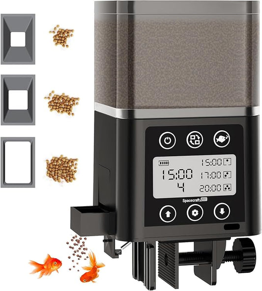 Automatic Fish Feeder for Aquarium, ZWJBSGY Three Precision Feed Funnels and A Fully Sealed, Moisture-Proof Design 320ml Large-Capacity Vacation Fish Feeder with Timer (Black)