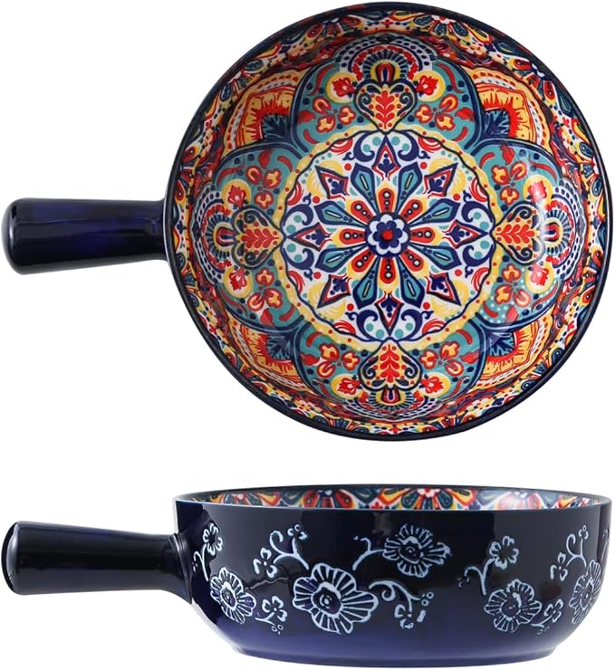 Ceramic Soup Bowl with Handle – 23oz, 8.6Inches Bowl Handmade Large Wide Shallow Serving Bowl Colorful Floral Microwave & Dishwasher Safe Pasta/Salad Dish 1 PC Bohemian Style Navy Blue