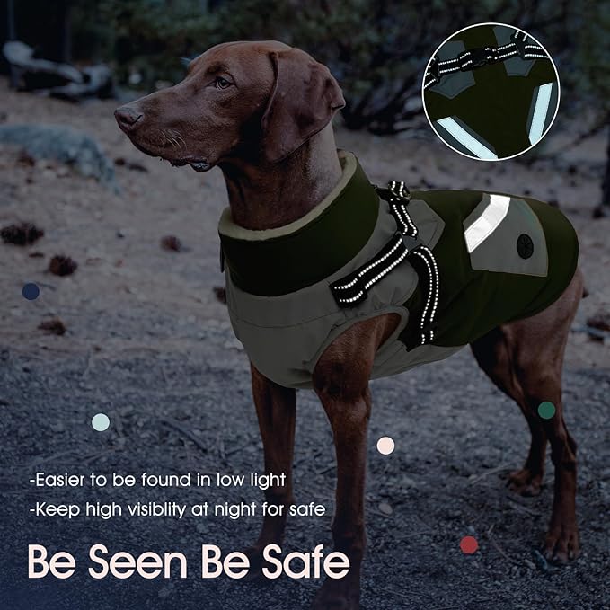 IECOii Zip Up Dog Coat for Large Dogs - Waterproof Winter Fleece Jacket in Green, XLarge - Suitable for Border Collie, Pitbull