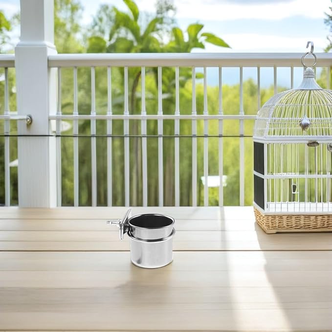 Stainless Steel Bird Feeder Cups with Clamp Holder, 4.4cm and 5.5cm Parrot Feeding Bowls for Cage, Hanging Coop Food Dish for Budgie Cockatiel Parakeet