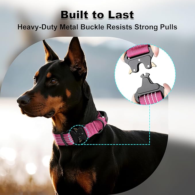 Plutus Pet Tactical Dog Collar with Tracker Pocket for AirTag, Adjustable Reflective Nylon Collar, Metal Buckle, Leather-Wrapped Handle, Soft Padded for Medium Large Dogs (Pink, L)