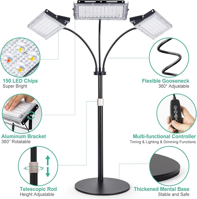 LBW Grow Light for Indoor Plant,Full Spectrum Dual Heads Desk Plant Light | 3H/6H/12H Timer Grow Lamp,6-Level Brightness, 3 Lighting Mode, Height Adjustable, Flexible Gooseneck, Ideal for Indoor Growth