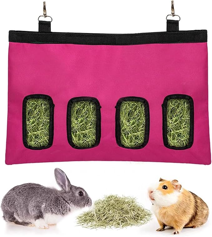 Rabbit Hay Feeder Bag, Large Capacity Rabbit Hay Bag Small Animal Hanging Hay Bag 600D Oxford Cloth Bunny Hay Feeder Bag for Rabbits Guinea Pigs Chinchillas (Rosered-4 Holes-1Pcs)