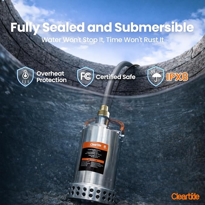 Stainless Steel Submersible Utility Water Pump, 1/2 HP 3180 GPH, Thermoplastic Portable Plug & Work, Ideal for Pool, Flooded Basement, Hot Tub, Pond & Garden Draining, 10 FT Cord