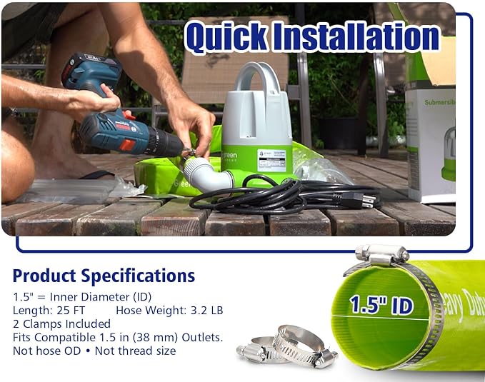 Green Expert 1/2 HP Submersible Utility Pump Kit with 25 ft x 1.5 in Lay-Flat Discharge Hose, 2500 GPH Manual Plug-in Household Water Removal, Last-Inch Drainage for Basement Pool Hot Tub