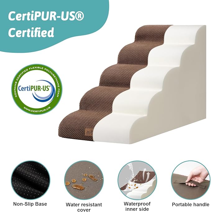 COZY KISS Dog Stairs for High Bed 22.6" H, Small Dog Step for Puppy, Older or Cat, Curved Ramp for Car, Ladder with High Density Foam, Lightweight, Durable, 15.7x33x22.6 inch, 5 Step, Brown