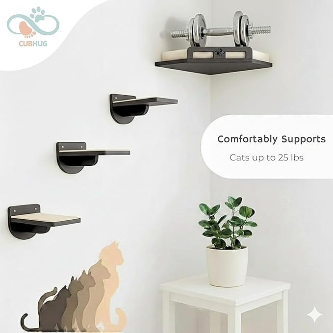 Cat Wall Shelves for Cats & Kitten up to 25 lb – Solid Wood Cozy Corner Bed + Cushion with 2 Washable Covers + 3 Wooden Steps, Safe Haven for Indoor Cats, Cat Shelves for Wall, Black