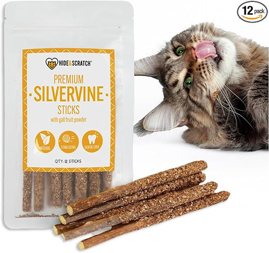 Hide & Scratch Premium Silvervine Sticks for Cats with Gall Fruit Powder for Extra Potency; Cat Enrichment Cat Chew Toy and Dental Sticks - More Effective Than Catnip Toys! (12 ct)
