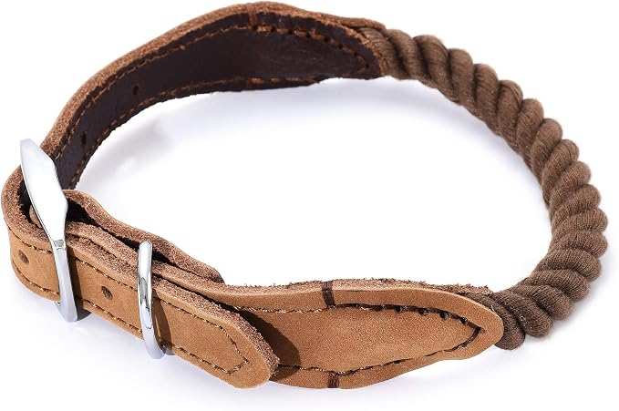 Mile High Life Genuine Leather Dog Collar, Durable Braided Cotton Rope Collar with Metal Pin Buckle for Small Medium Large Dogs (Dark Brown, S Neck 11"-15")