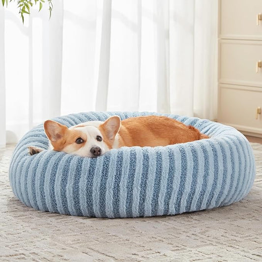 MIXJOY Dog Bed Medium Size Dogs, Washable Medium Dogs Bed with Removable Cover, Cozy Donut Dog Ded Fluffy Plush Faux Fur Pet Bed with Anti-Slip Bottom, 30"x30"x8", Blue